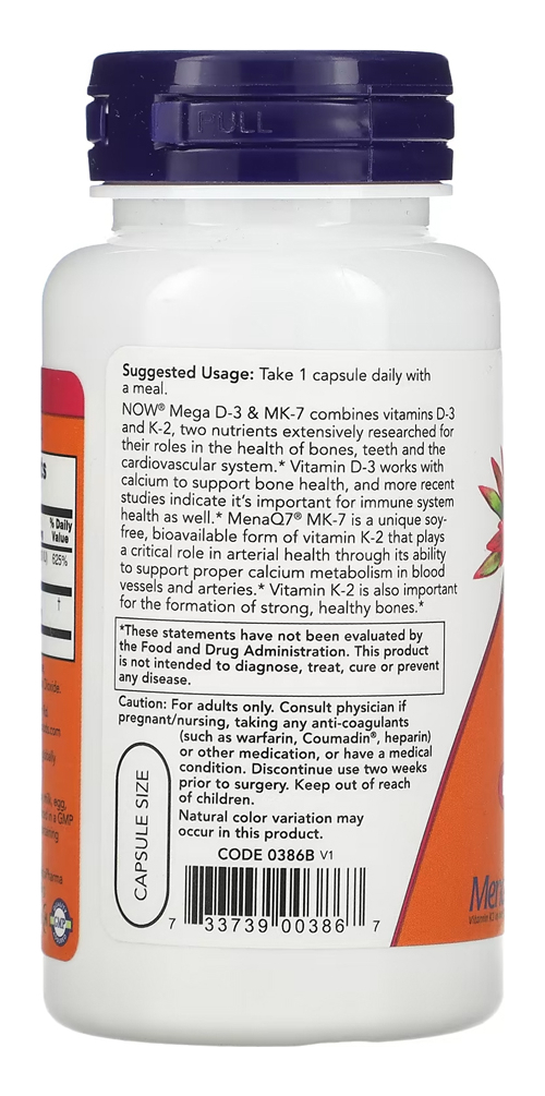 Vitamina Mega D-3 E Mk-7 Now Foods 120veg Caps Importado - Imagem 3