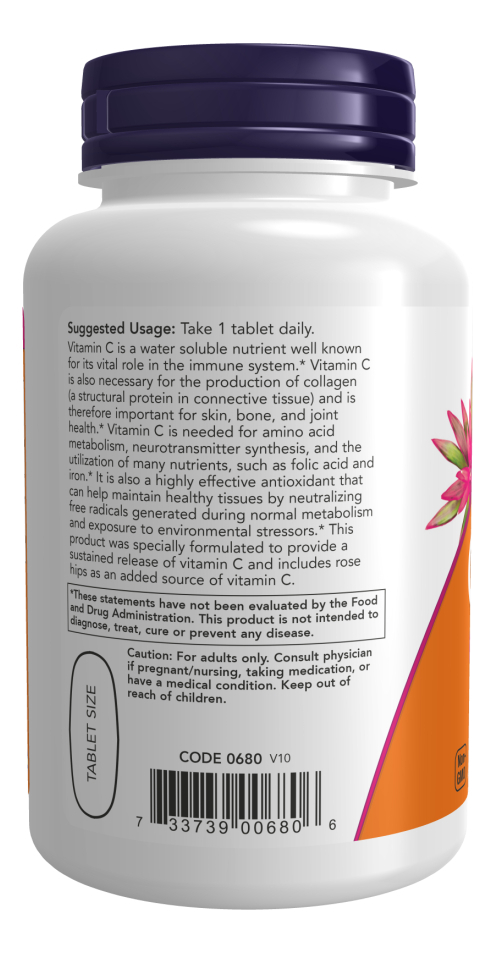 Vitamina C 1000mg Rose Rips 100 Tab Time Release Now Foods Sabor Sem Sabor - Imagem 2