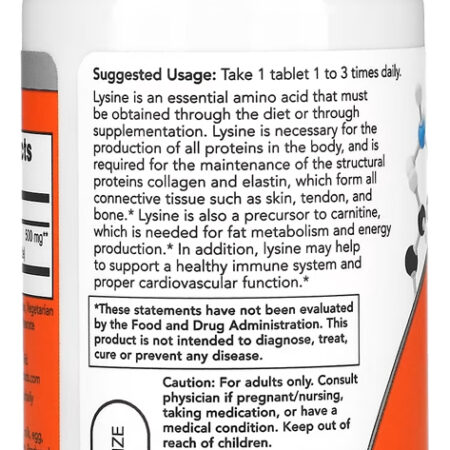 Now Foods L-lisina 500 Mg 100 Tablets - Imagem 3