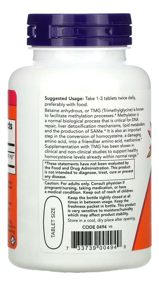 Tmg Betaína 1000mg 100 Tabs Importado 4un Now Foods - Imagem 3
