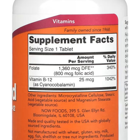 Ácido Fólico E Vitamina B12 800mcg Now Foods 250tabs Eua/usa - Imagem 2