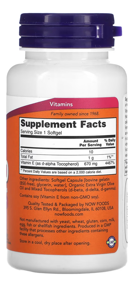 Vitamina E-1000 670mg Now Foods 50 Softgels Importado - Imagem 2