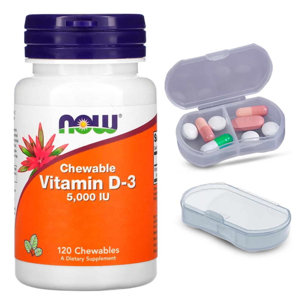 Vitamina D3 5000iu Now 120cheble Mastigável + Porta Cápsulas