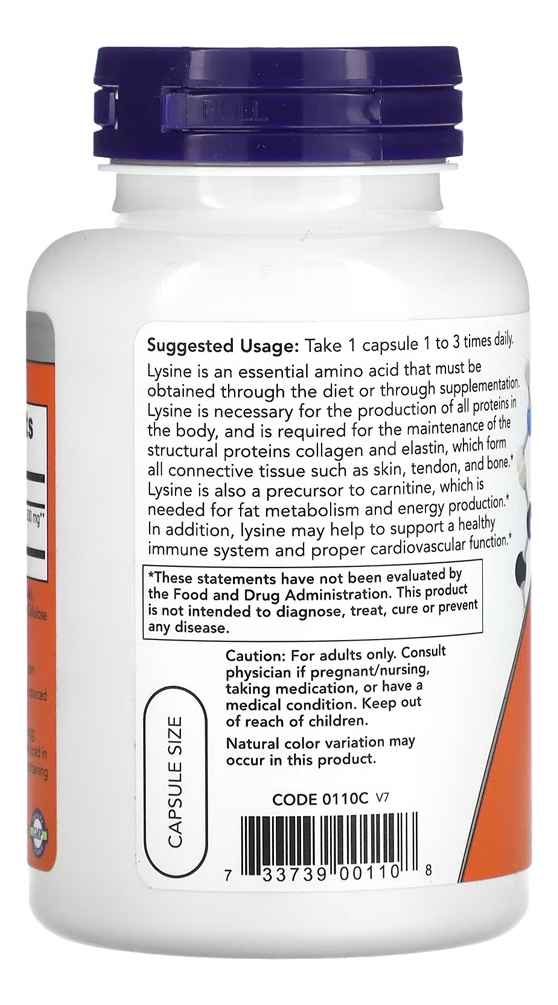 L-lisina 500mg L-lysine 100 Veg Caps Importado 4un Now Foods - Imagem 4