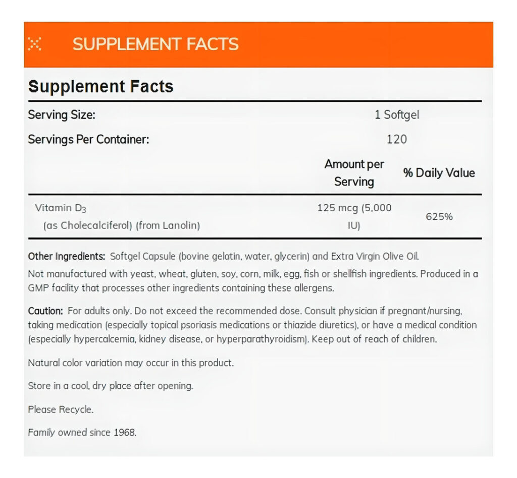 Vitamina D3 5,000 Iu Now Foods 120 Soft Gels Importado Eua - Imagem 2