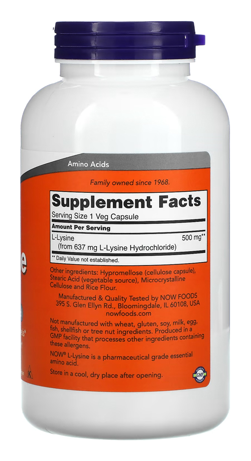L-lisina 500mg Now Foods L-lysine 250 Veg Caps Importado - Imagem 2