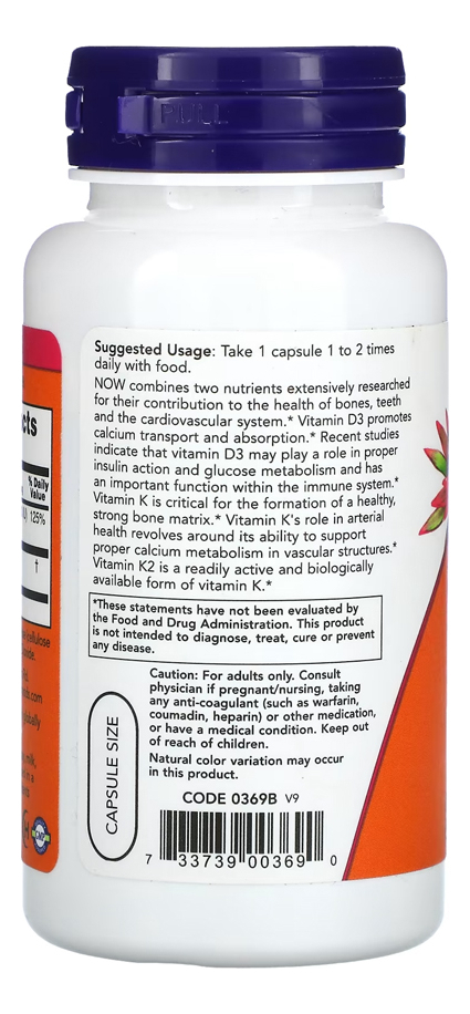 Vitamina D3 25mg+vit K2 45mg Now Foods 120 Cap Importado 5un - Imagem 2