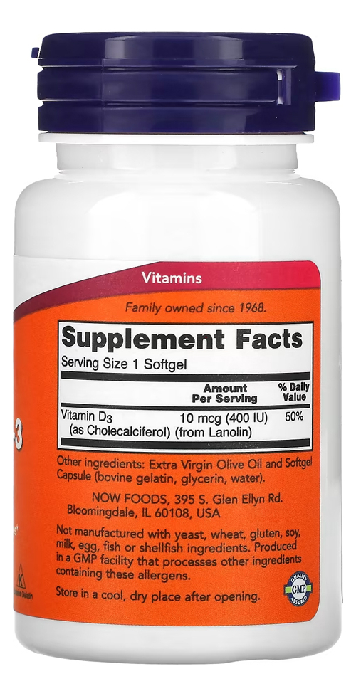 Vitamina D-3 400 Iu 180 Caps Softgels Nowfoods Importado - Imagem 2