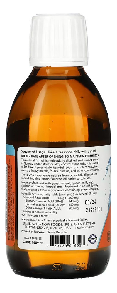 Ômega-3 Fish Oil 200ml Sabor Limão Importado 5un Now Foods - Imagem 3