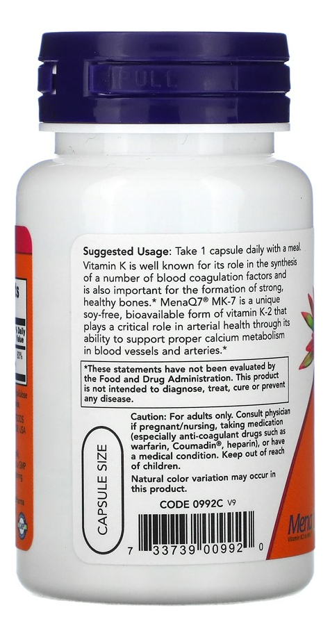 Mk-7 Vitamina K-2 100mcg 60 Veg Cáps Importado 2un Now Foods - Imagem 4