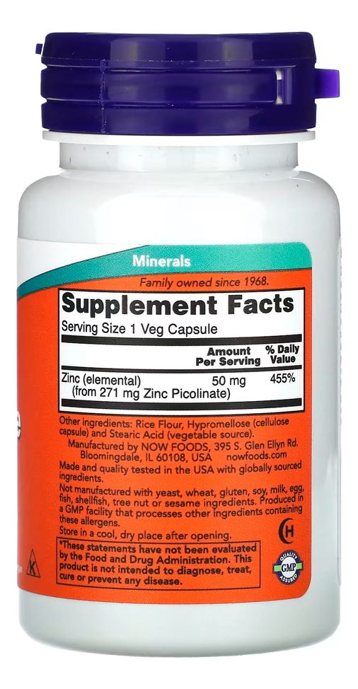 Picolinato De Zinco 50 Mg Now Foods 30 Cáps Importado - Imagem 3