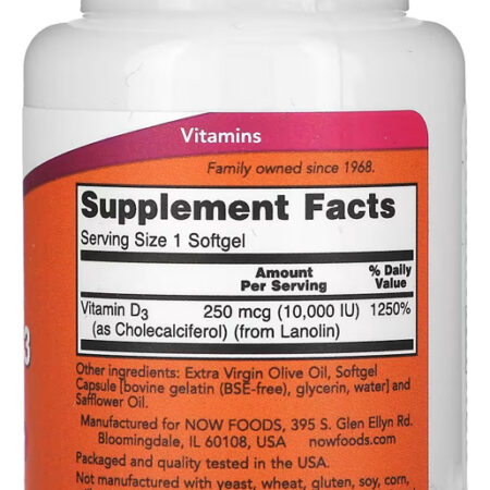 Vitamina D3 10000iu Alta Potencia Now 120 Softgels Sabor Sem Sabor - Imagem 3
