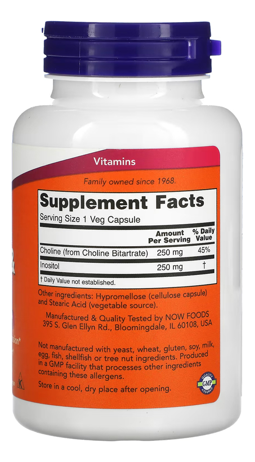 Now Foods Colina E Inositol 250/250mg 100veg Capsulas - Imagem 2