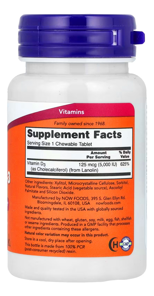 Vitamina D3 5000iu Now 120 Chewable Mastigável Importado 3un - Imagem 3