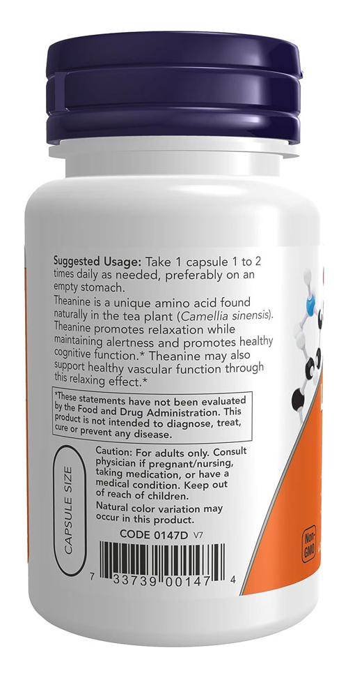 L-teanina 200mg Now Foods L-theanine 60 Veg Caps 5un - Imagem 5