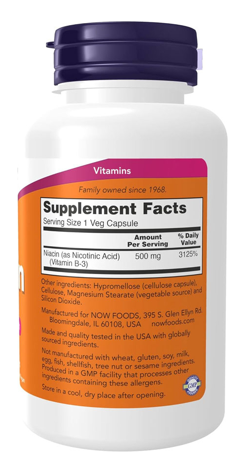Niacina Vitamina B-3 500mg Now Foods Niacin 100 Veg Caps 5un - Imagem 4