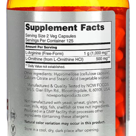Arginina Ornitina 500mg/250mg 250cap Importado 4un Now Foods - Imagem 3