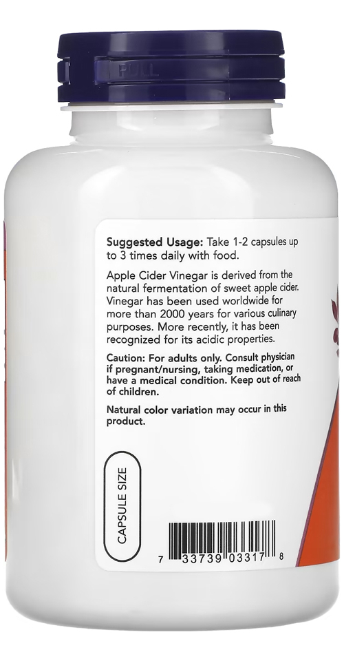 Vinagre De Maçã 450mg Now Foods Cider Vinegar 180 Veg Caps - Imagem 3