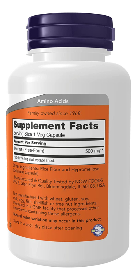 Taurina Taurine 500mg 100 Cápsulas Importado 2un Now Foods - Imagem 3