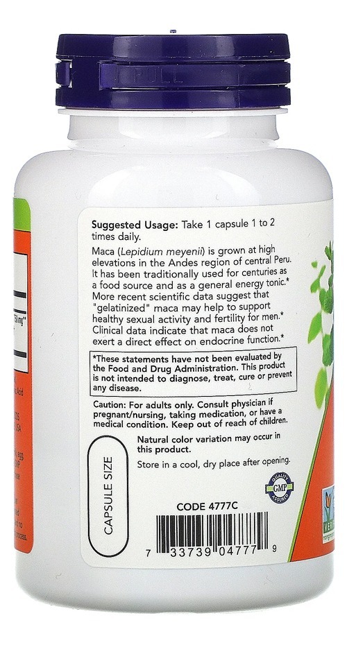 Now Foods Raw Maca Peruana 750mg 90 Veg Caps / No Brasil - Imagem 3