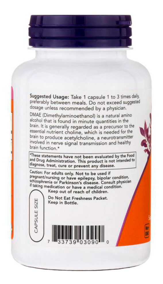 Dmae 250mg Now Foods Dimetilaminoetanol 100 Veg Caps 4un - Imagem 5