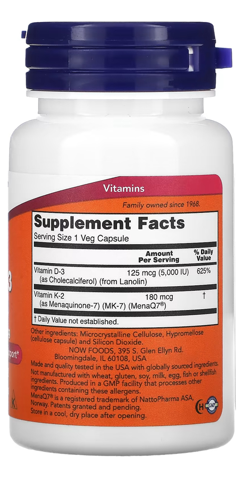 Mega D-3 5000iu E Mk-7 180mcg Now Foods 60 Veg Caps - Imagem 2