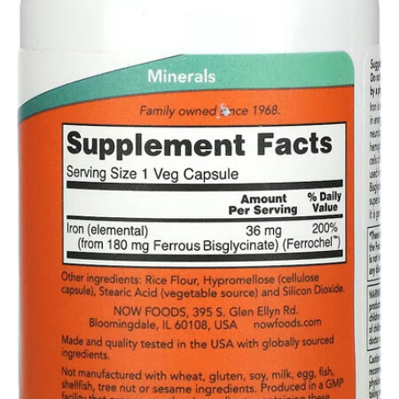 Bisglicinato De Ferro 36mg Now Foods Iron 90 Veg Caps - Imagem 3
