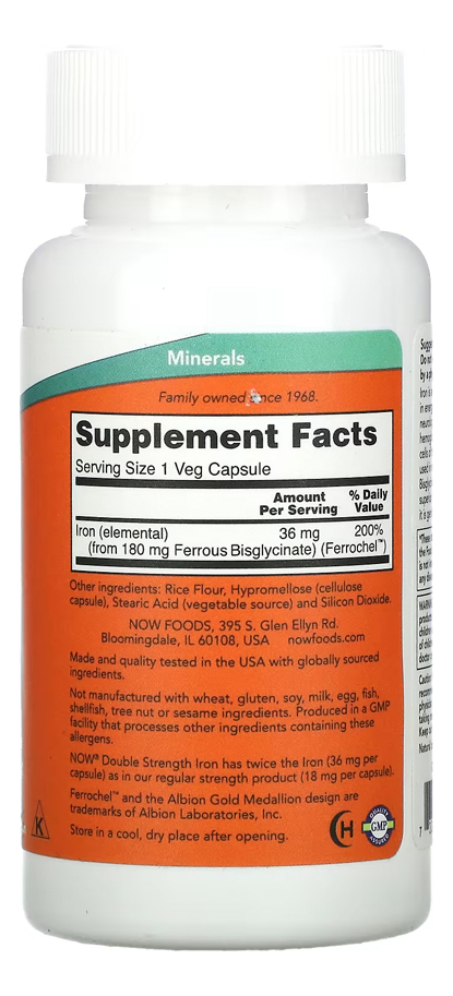 Bisglicinato De Ferro 36mg Now Foods Iron 90 Veg Caps - Imagem 3