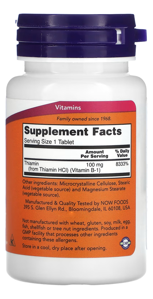 Vitamina B-1 100mg 100 Veg Tabs Nowfoods Importado - Imagem 2