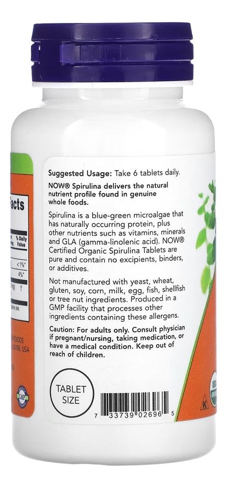 Spirulina Orgânica 500mg 100 Tablets Importado 2un Now Foods - Imagem 4