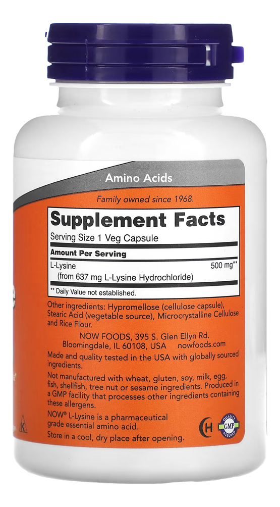 L-lisina 500mg L-lysine 100 Veg Caps Importado 2un Now Foods - Imagem 3