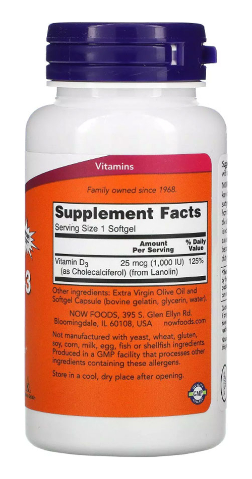 Vitamina D3 1.000ui Now Foods Vit D-3 360 Softgels 4un - Imagem 4