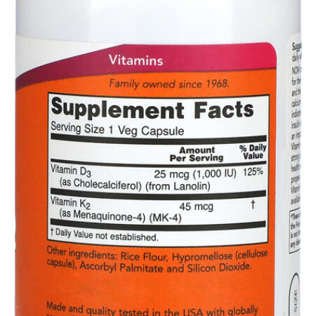 Vitamina D3 25mcg Com Vitamina K2 45mcg Now Foods 120veg Cap Sabor Sem Sabor - Imagem 2