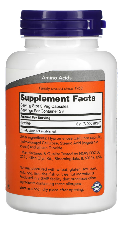 Glicina 1000mg Now Foods Glycine 100 Cáps + Porta Cápsulas - Imagem 2