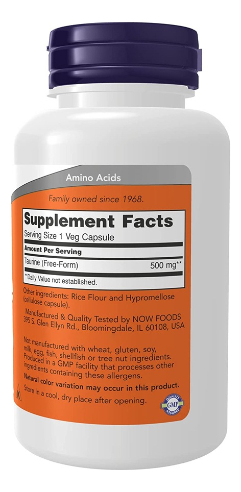 Taurina Taurine 500mg 100 Cápsulas Importado 4un Now Foods - Imagem 3