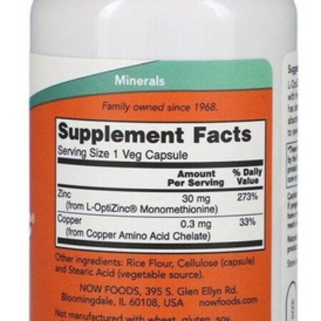 Now Foods L-optizinc (r) 30 Mg + Cobre 100 V Cápsulas Sfn Flavor, Sem Sabor - Imagem 2