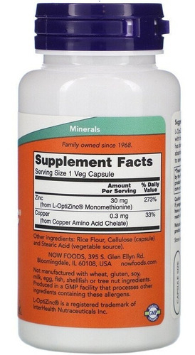 Now Foods L-optizinc (r) 30 Mg + Cobre 100 V Cápsulas Sfn Flavor, Sem Sabor - Imagem 2