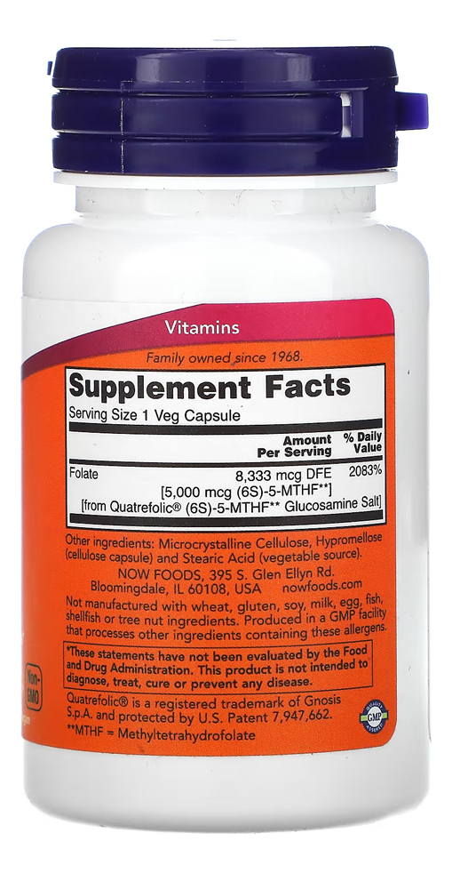 Folato De Methyl 5000mcg Now Foods 50 Cápsulas Importado 5un - Imagem 3