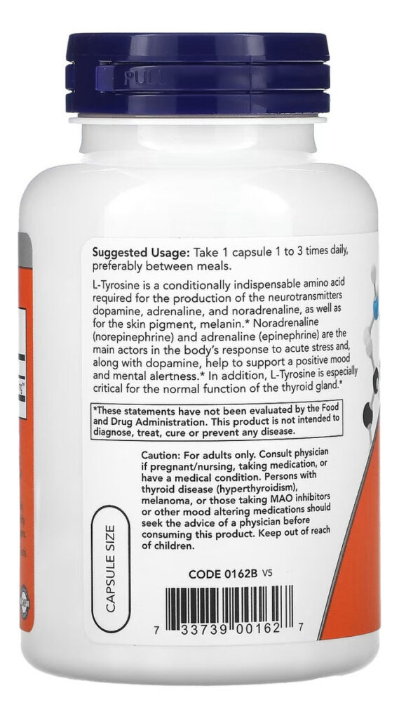L Tyrosine Tirosina 500 Mg 120 Cápsulas Now Foods - Imp Eua Sabor Sem - Imagem 3