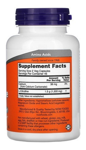 L-citrulina Citrulline 750mg 90 Cápsulas - Now Foods Sabor Sem Sabor - Imagem 2