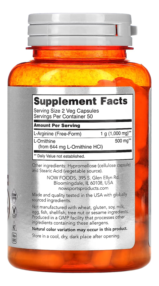 Arginina E Ornitina 500/250mg Now Foods 100cáp Importado 3un - Imagem 3