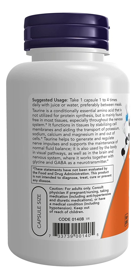 Taurina Taurine Now Foods 500mg 100veg Capsulas - Imagem 3
