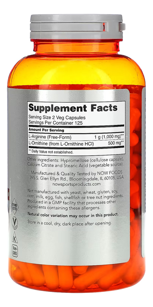 Arginina Ornitina 500mg/250mg 250cap Importado 5un Now Foods - Imagem 3