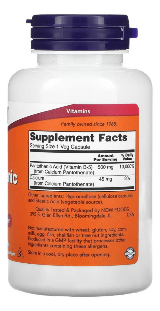 Pantothenic Acid Ácido Pantotênico 500mg 100 Vcaps Now Foods - Imagem 3