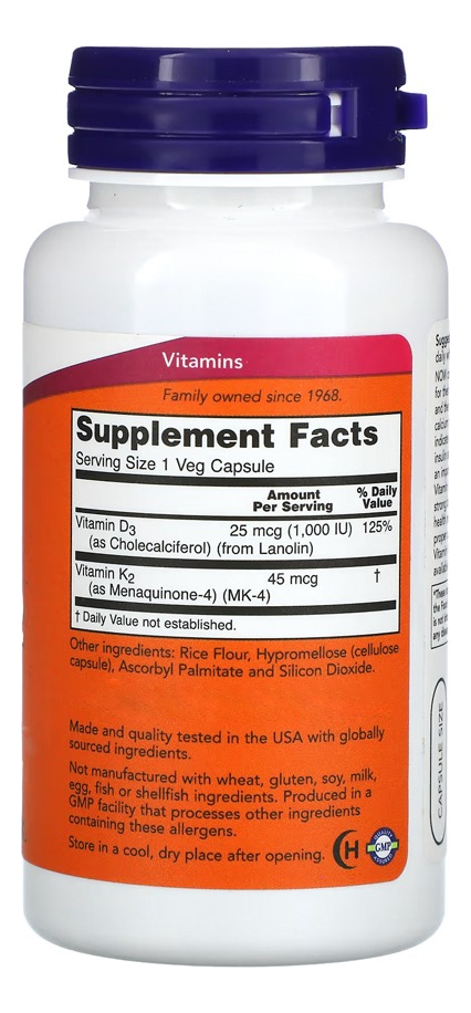 Vitamina D3 25mg+vit K2 45mg 120 Cap Importado 2un Now Foods - Imagem 3
