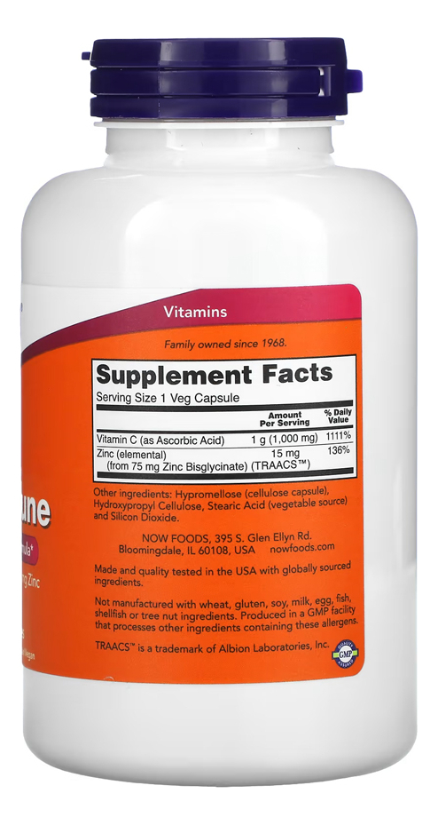 Zinco Imune E Vitamina C Now Foods 180veg Caps Importado 5un - Imagem 3