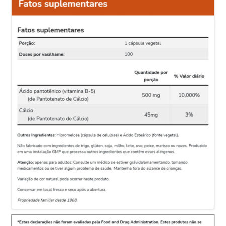 Pantothenic Acid Ácido Pantotênico 500mg 100 Vcaps Now Foods - Imagem 5