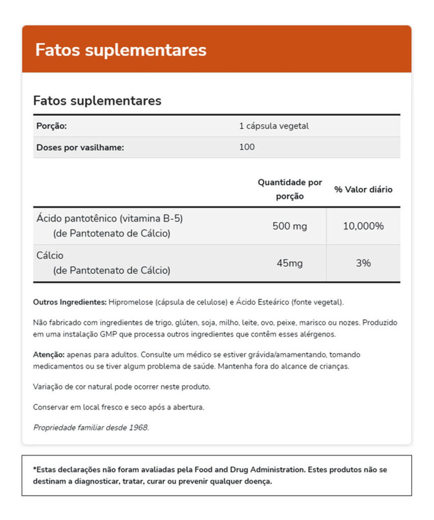 Pantothenic Acid Ácido Pantotênico 500mg 100 Vcaps Now Foods - Imagem 5
