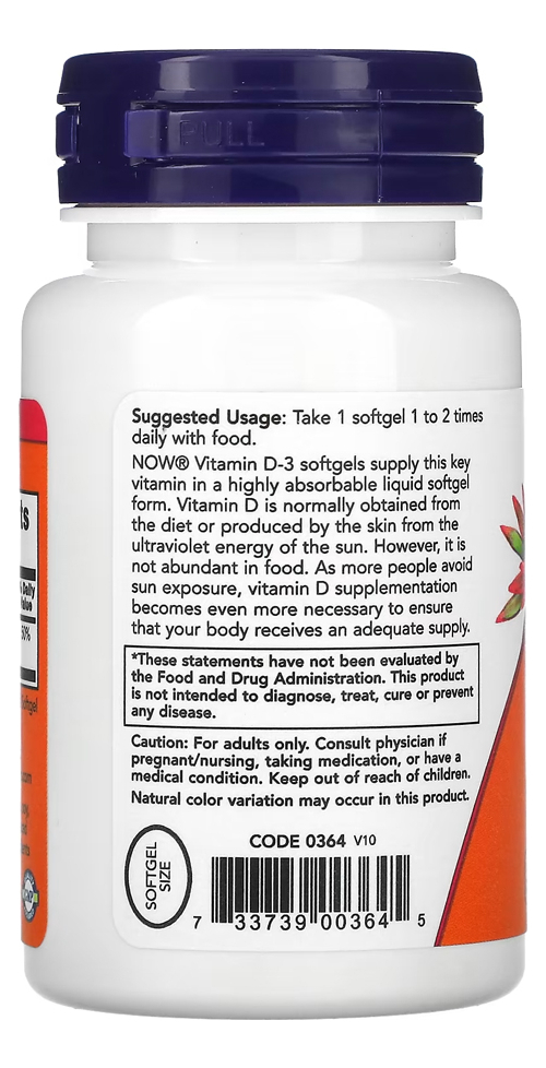 Vitamina D-3 Now Foods 400 Iu 180 Caps Softgels - Imagem 3