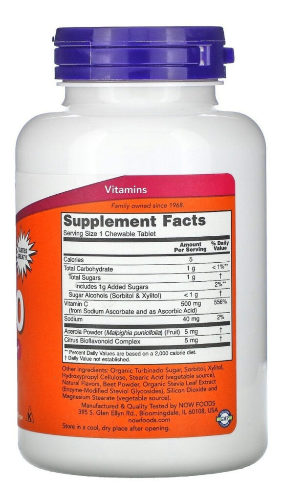 Vitamina C-500 100% Mastigável Now Foods Sabor Natural De Cereja E Frutos Silvestres - Imagem 2